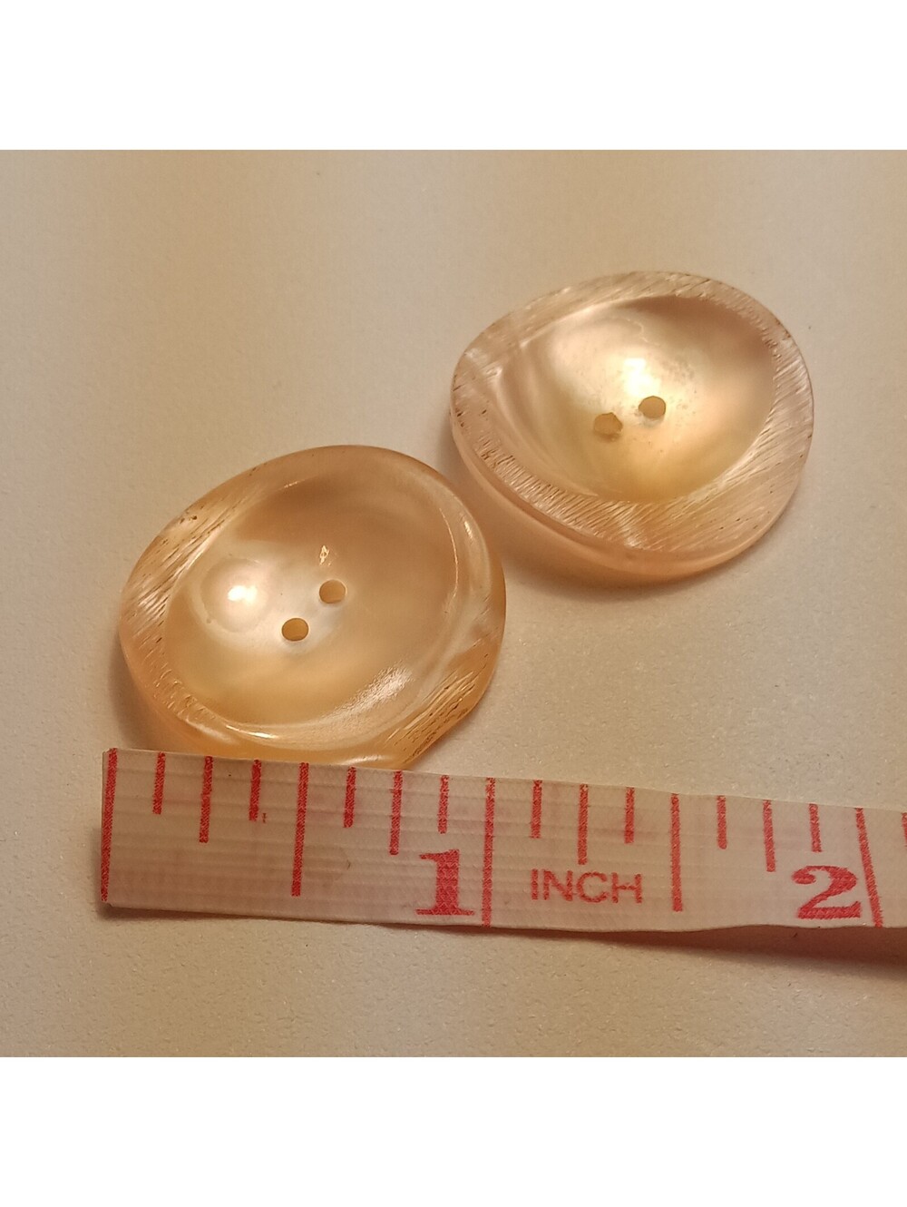 Pair of Vintage Mid-Century 25mm Polished Resin Buttons, Mock Horn Peach Buttons